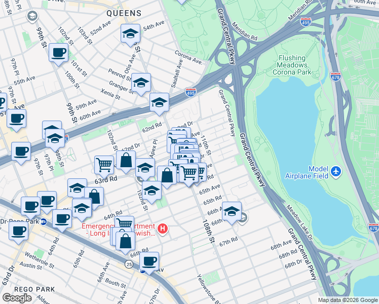 map of restaurants, bars, coffee shops, grocery stores, and more near 108-15 63rd Drive in Queens