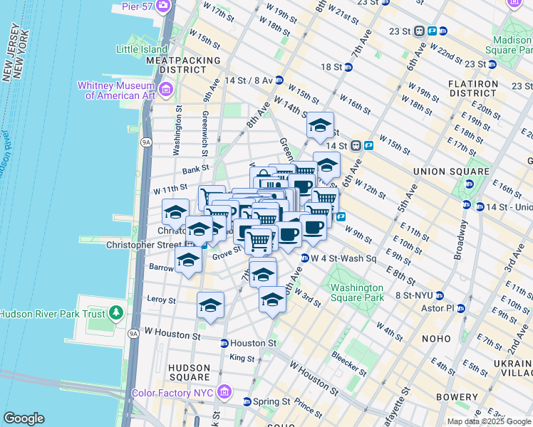 map of restaurants, bars, coffee shops, grocery stores, and more near in New York