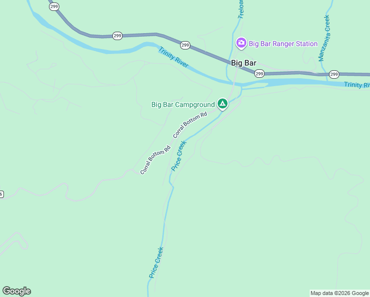 map of restaurants, bars, coffee shops, grocery stores, and more near Price Creek Road in Big Bar