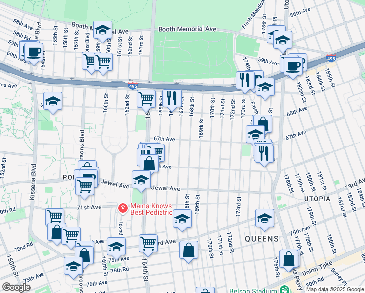 map of restaurants, bars, coffee shops, grocery stores, and more near 67-28 168th Street in Queens