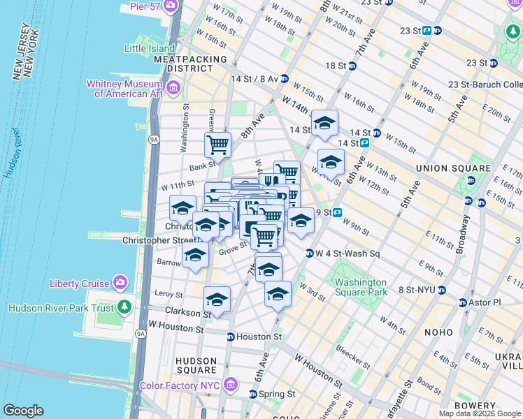 map of restaurants, bars, coffee shops, grocery stores, and more near 93 Christopher Street in New York