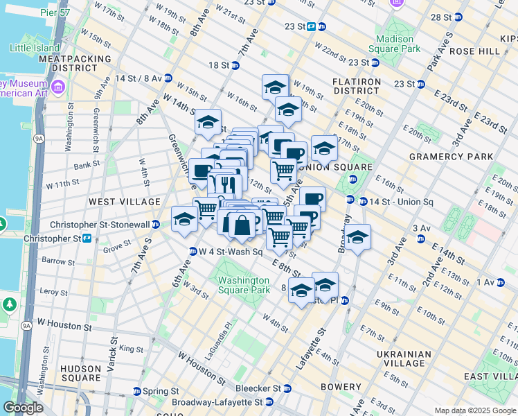 map of restaurants, bars, coffee shops, grocery stores, and more near 19 West 10th Street in New York