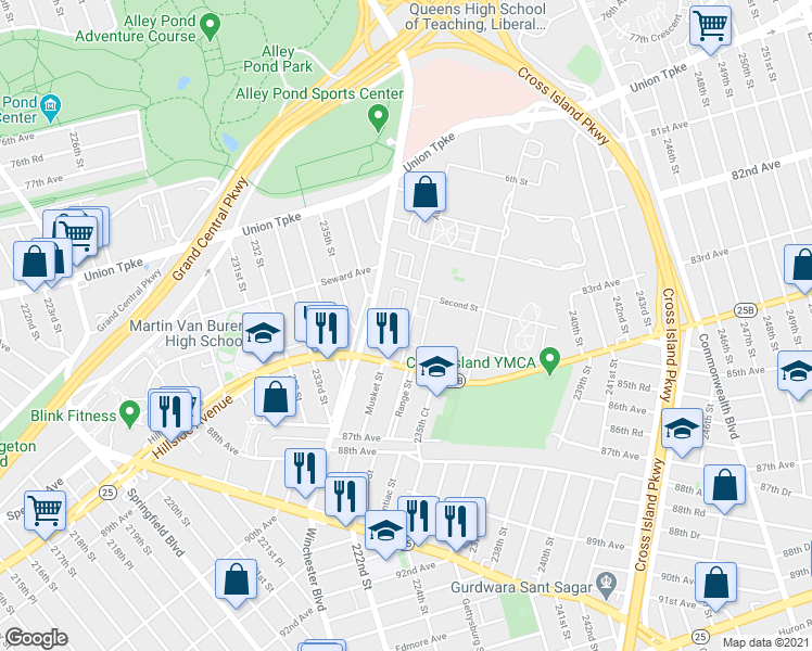 map of restaurants, bars, coffee shops, grocery stores, and more near 82-91 Country Pointe Circle in Queens
