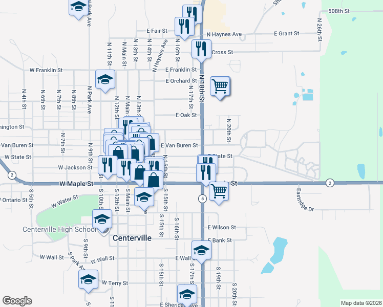 map of restaurants, bars, coffee shops, grocery stores, and more near 428 East State Street in Centerville