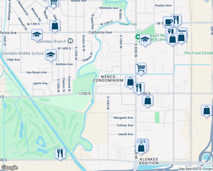 map of restaurants, bars, coffee shops, grocery stores, and more near 1056 West 1700 South in Salt Lake City