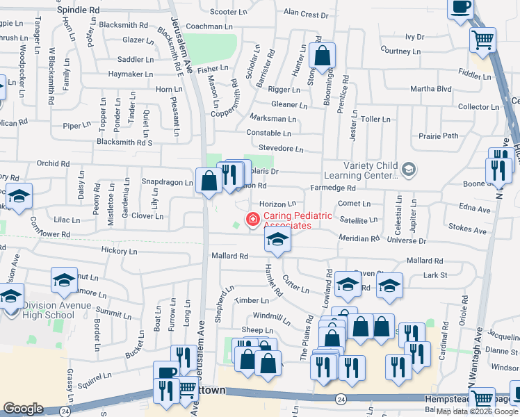 map of restaurants, bars, coffee shops, grocery stores, and more near 9 Compass Lane in Levittown