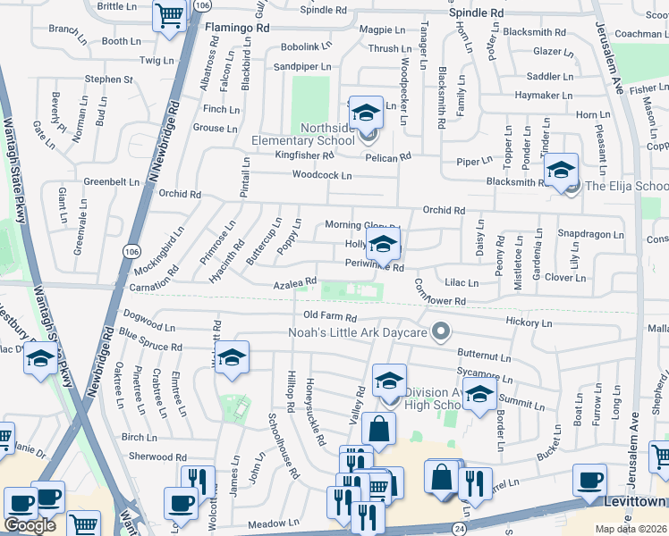 map of restaurants, bars, coffee shops, grocery stores, and more near 91 Azalea Road in Levittown