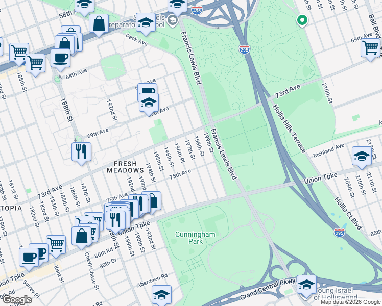 map of restaurants, bars, coffee shops, grocery stores, and more near 73-60 197th Street in Queens