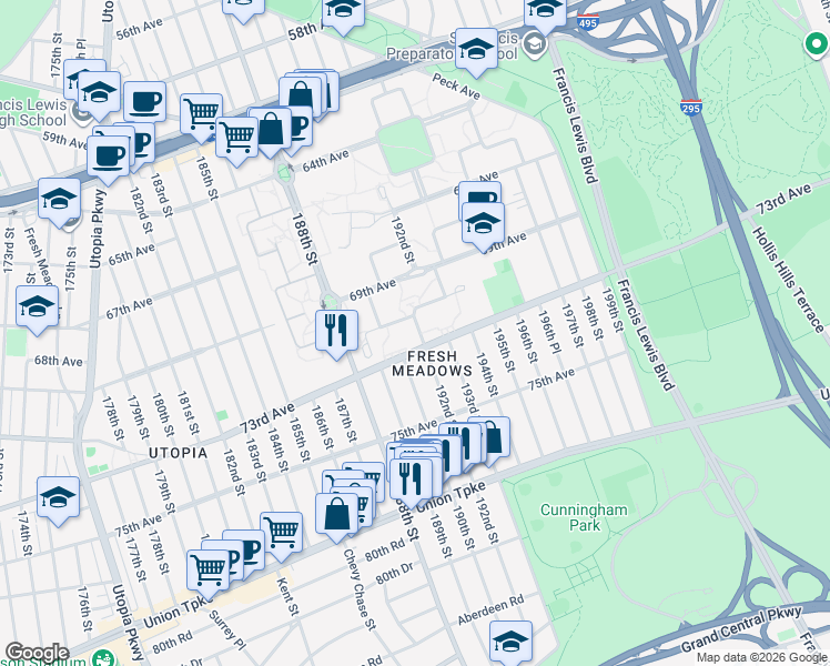 map of restaurants, bars, coffee shops, grocery stores, and more near 192-05 73rd Avenue in Queens
