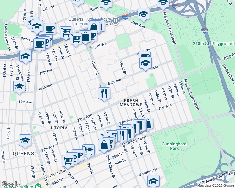 map of restaurants, bars, coffee shops, grocery stores, and more near 189-15A 73rd Avenue in Queens