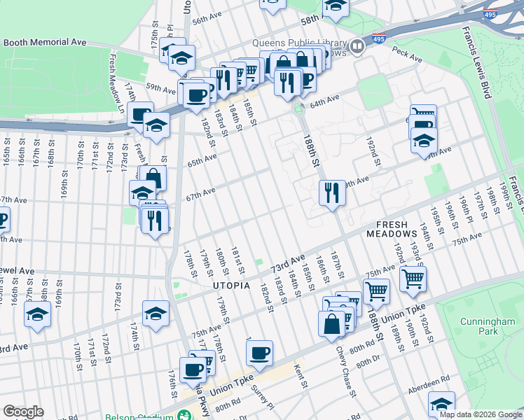 map of restaurants, bars, coffee shops, grocery stores, and more near 183-10 69th Avenue in Queens