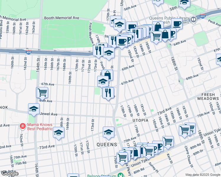 map of restaurants, bars, coffee shops, grocery stores, and more near 175-17 68th Avenue in Queens