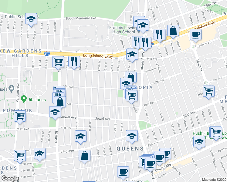 map of restaurants, bars, coffee shops, grocery stores, and more near 67-18 173rd Street in Queens