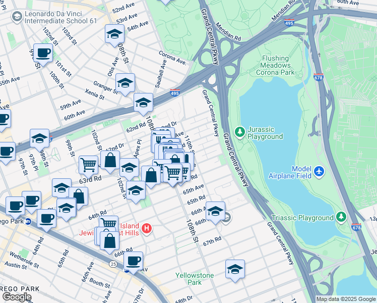 map of restaurants, bars, coffee shops, grocery stores, and more near 108-52 63rd Drive in Queens
