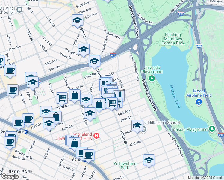 map of restaurants, bars, coffee shops, grocery stores, and more near 108-15 63rd Drive in Queens