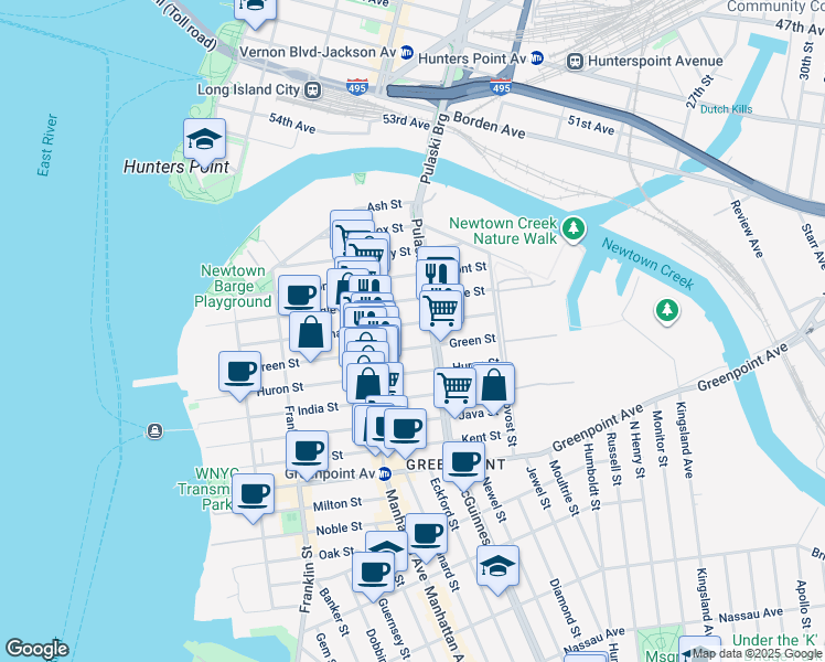map of restaurants, bars, coffee shops, grocery stores, and more near 207 Green Street in Brooklyn