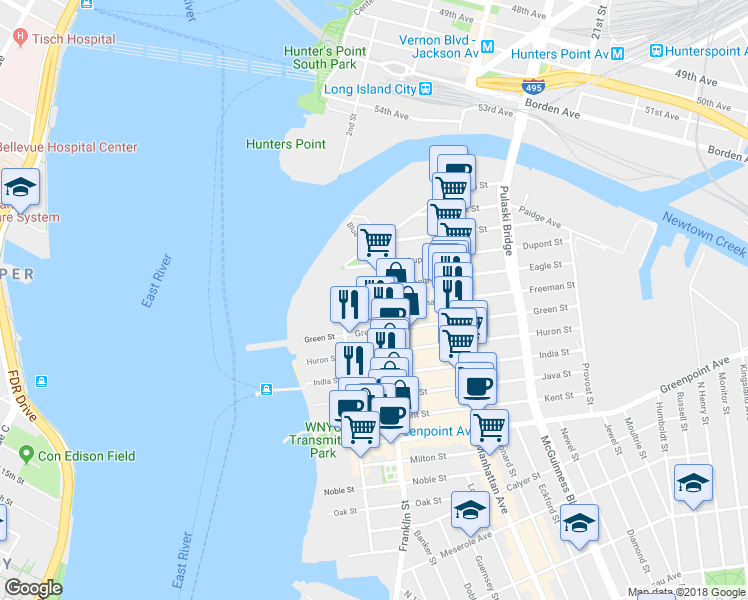 map of restaurants, bars, coffee shops, grocery stores, and more near 74 Freeman Street in Brooklyn