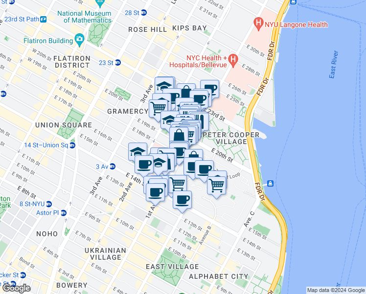 map of restaurants, bars, coffee shops, grocery stores, and more near 300 1st Avenue in New York