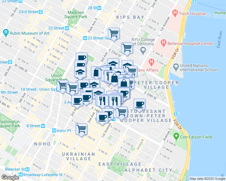 map of restaurants, bars, coffee shops, grocery stores, and more near 320 East 17th Street in New York