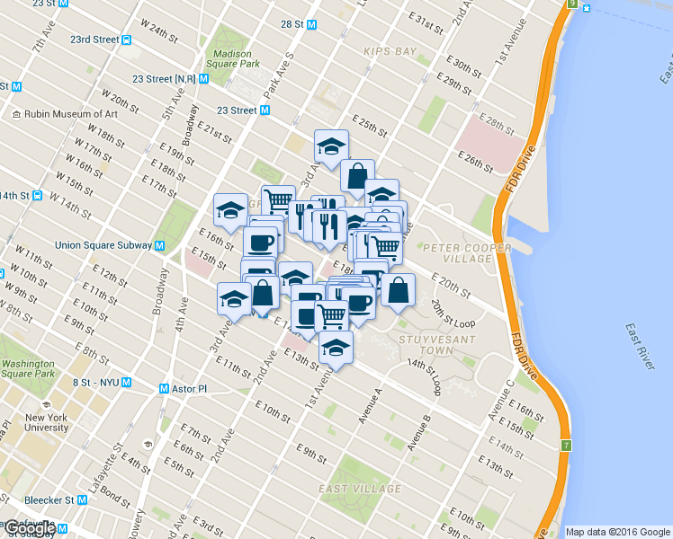 map of restaurants, bars, coffee shops, grocery stores, and more near 320 East 17th Street in New York