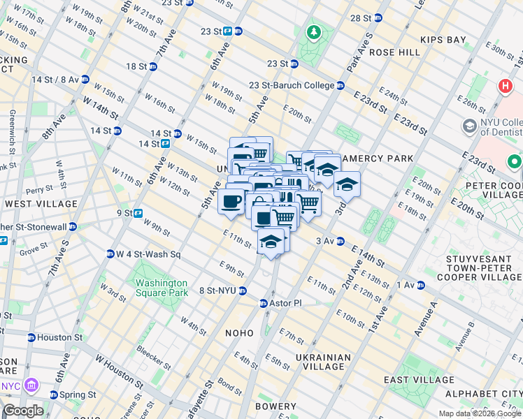 map of restaurants, bars, coffee shops, grocery stores, and more near 833 Broadway in New York