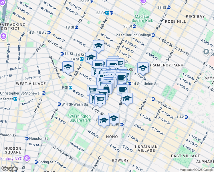 map of restaurants, bars, coffee shops, grocery stores, and more near 86 University Place in New York
