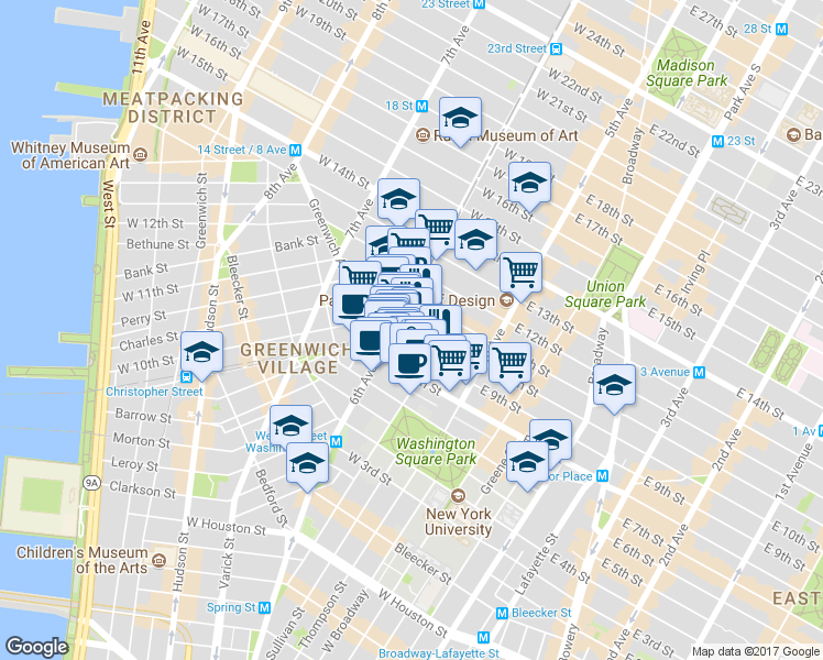 map of restaurants, bars, coffee shops, grocery stores, and more near 53 West 9th Street in New York
