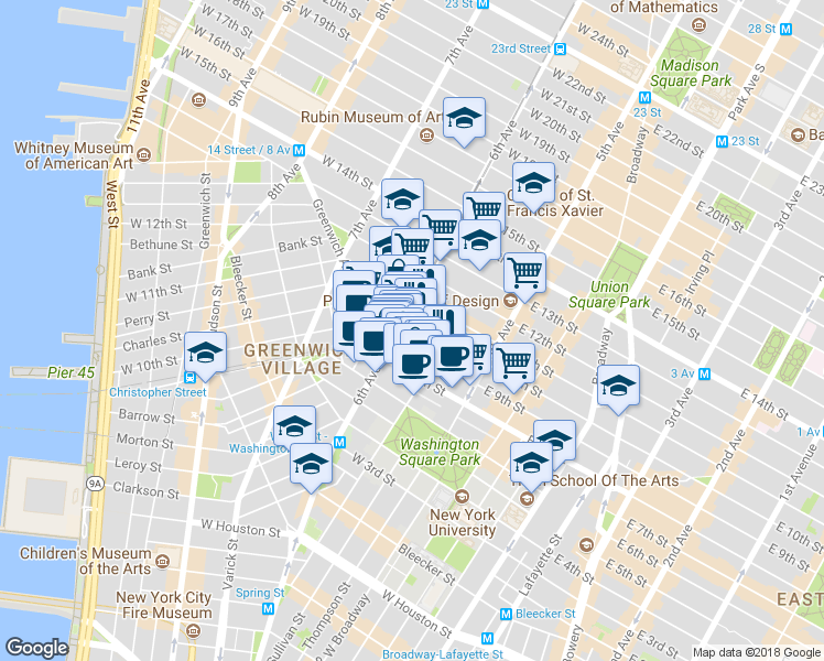 map of restaurants, bars, coffee shops, grocery stores, and more near 53 West 9th Street in New York