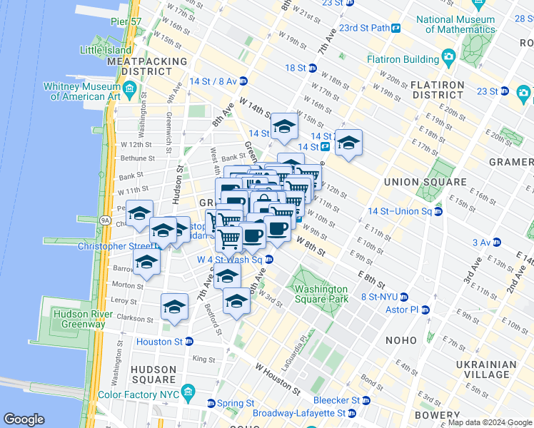 map of restaurants, bars, coffee shops, grocery stores, and more near in New York