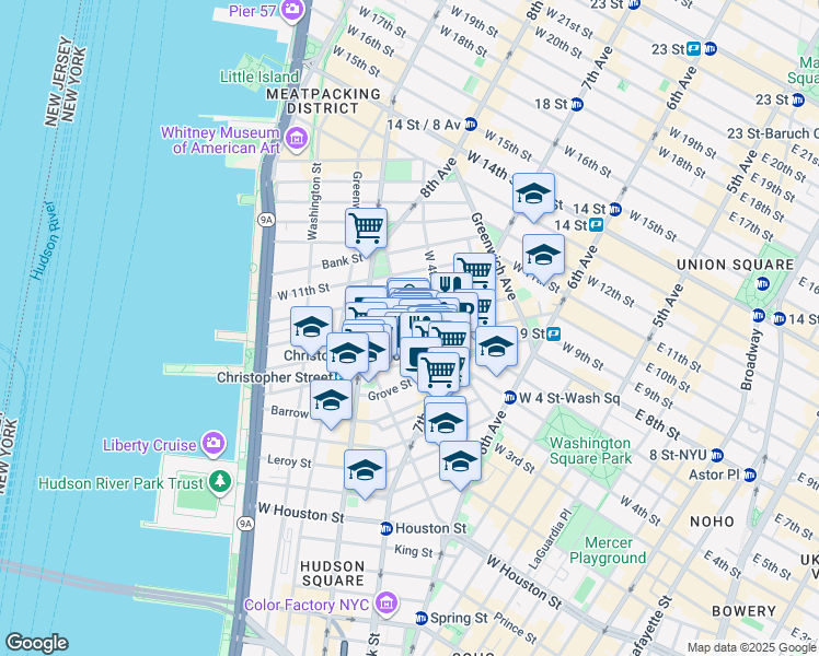 map of restaurants, bars, coffee shops, grocery stores, and more near 341 Bleecker Street in New York