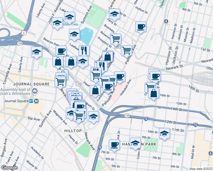 map of restaurants, bars, coffee shops, grocery stores, and more near 22 Saint Pauls Avenue in Jersey City