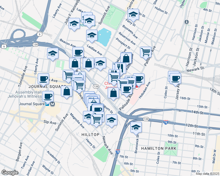 map of restaurants, bars, coffee shops, grocery stores, and more near 46 Fleet Street in Jersey City