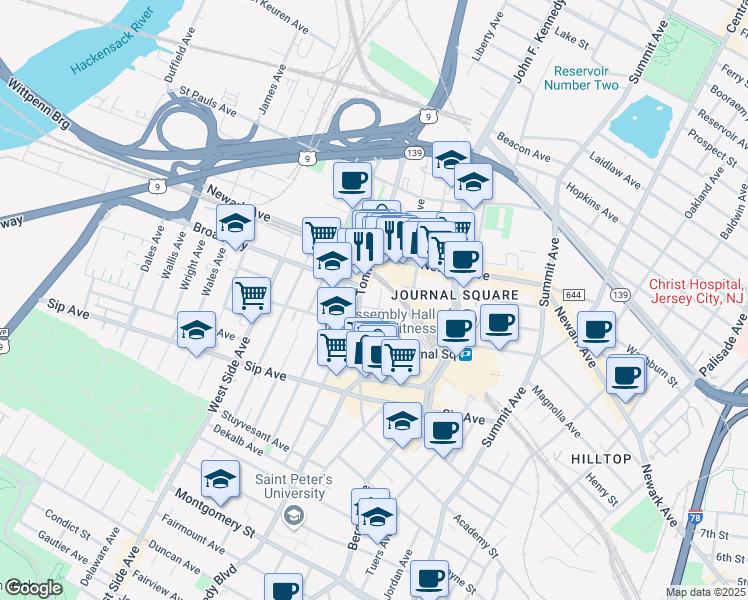 map of restaurants, bars, coffee shops, grocery stores, and more near 92 Tonnelle Avenue in Jersey City