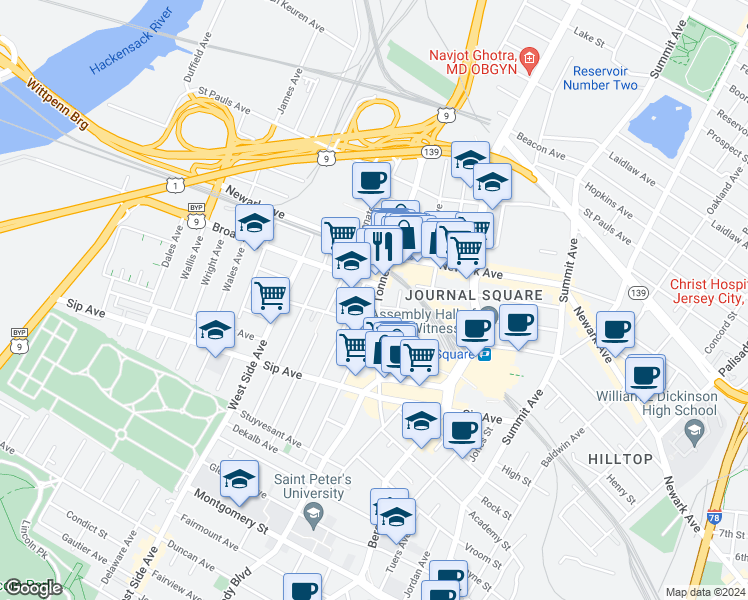 map of restaurants, bars, coffee shops, grocery stores, and more near 92 Tonnelle Avenue in Jersey City