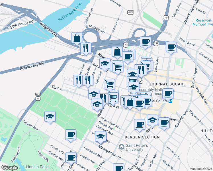 map of restaurants, bars, coffee shops, grocery stores, and more near 27 Fox Place in Jersey City