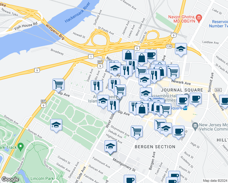 map of restaurants, bars, coffee shops, grocery stores, and more near 27 Fox Place in Jersey City