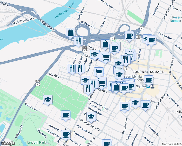 map of restaurants, bars, coffee shops, grocery stores, and more near 27 Fox Place in Jersey City