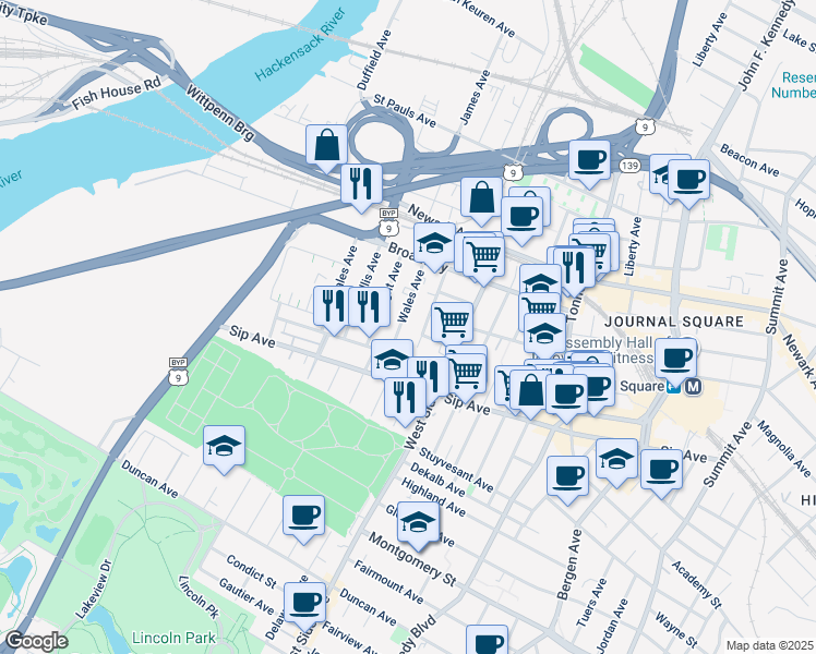 map of restaurants, bars, coffee shops, grocery stores, and more near 27 Fox Place in Jersey City