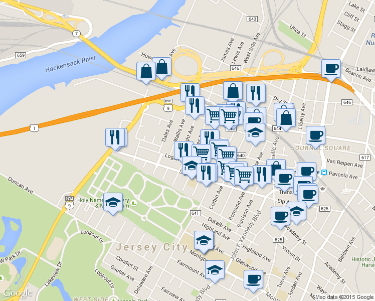 map of restaurants, bars, coffee shops, grocery stores, and more near 9 Wales Avenue in Jersey City