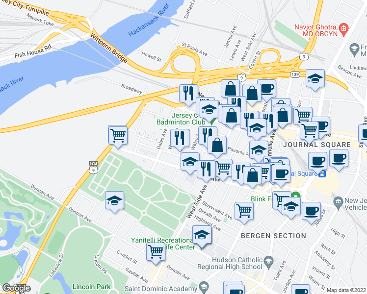 map of restaurants, bars, coffee shops, grocery stores, and more near 9 Wales Avenue in Jersey City