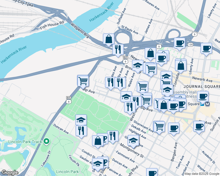 map of restaurants, bars, coffee shops, grocery stores, and more near 83 Logan Avenue in Jersey City