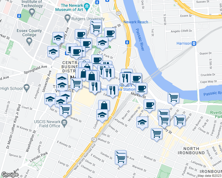 map of restaurants, bars, coffee shops, grocery stores, and more near 12-6 Edison Place in Newark