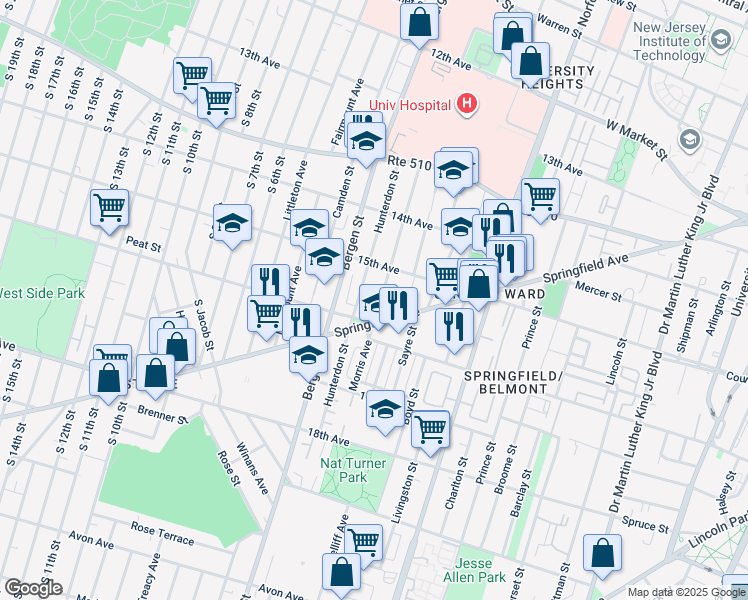 map of restaurants, bars, coffee shops, grocery stores, and more near 326 Springfield Avenue in Newark