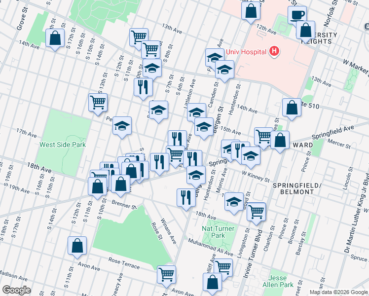 map of restaurants, bars, coffee shops, grocery stores, and more near 391 Fairmount Avenue in Newark