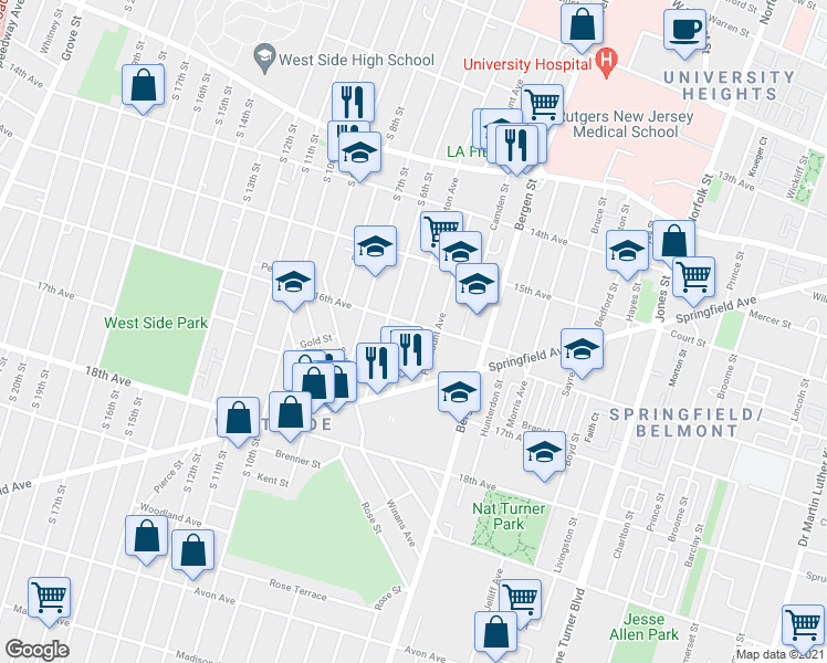 map of restaurants, bars, coffee shops, grocery stores, and more near 391 Fairmount Avenue in Newark