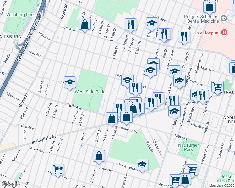 map of restaurants, bars, coffee shops, grocery stores, and more near 12 Belgium Street in Newark
