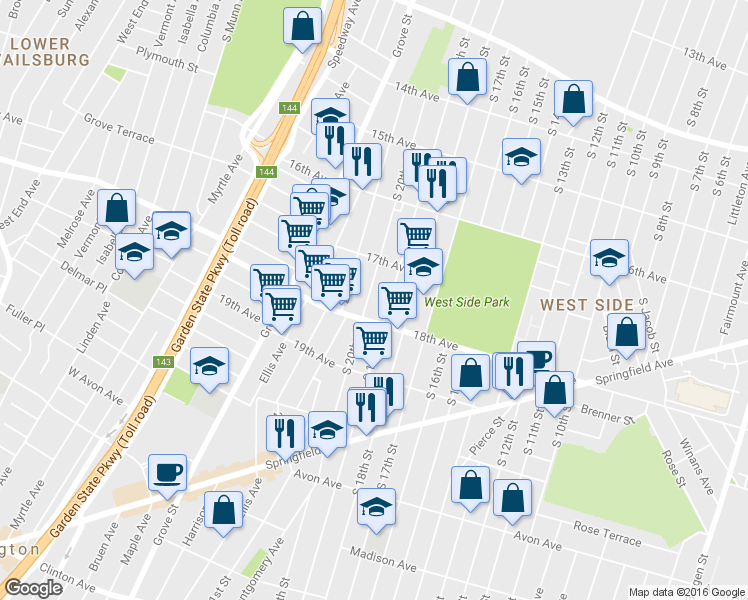 map of restaurants, bars, coffee shops, grocery stores, and more near 630 18th Avenue in Newark