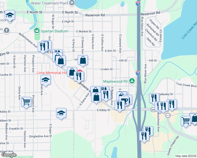 map of restaurants, bars, coffee shops, grocery stores, and more near 445 South Dana Avenue in Lima