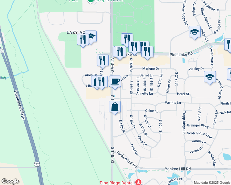 map of restaurants, bars, coffee shops, grocery stores, and more near 7555 South 15th Street in Lincoln