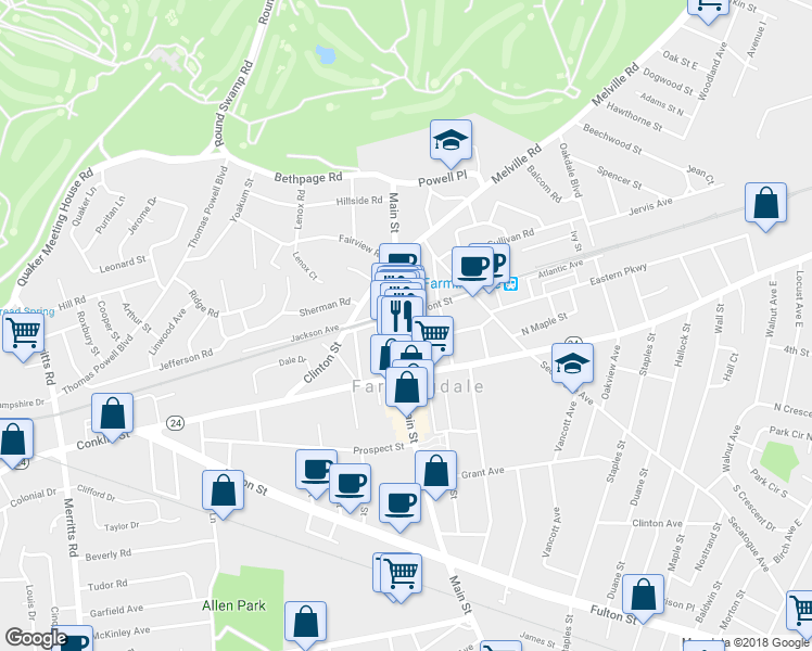 map of restaurants, bars, coffee shops, grocery stores, and more near 195 Main Street in Farmingdale